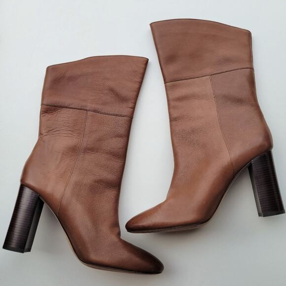 J Crew Leather Mid-Calf Stacked Anya Boot in Cognac Brown Size 8.5 - Picture 3 of 9